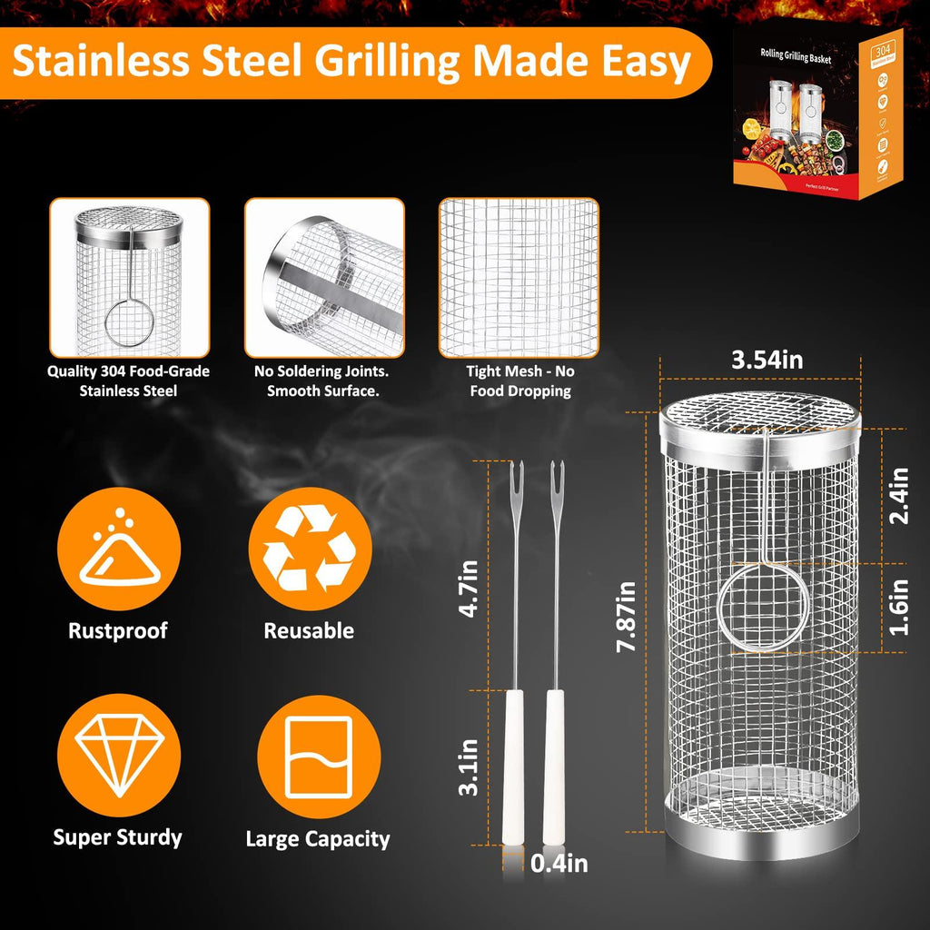Rolling Grill Basket Set — Stainless Steel BBQ Cylinder (2 Pack)