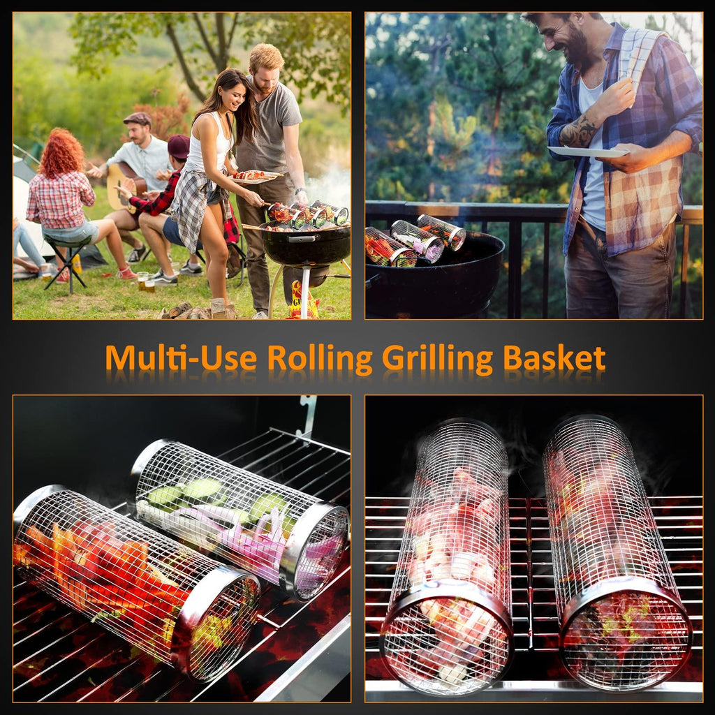 Rolling Grill Basket Set — Stainless Steel BBQ Cylinder (2 Pack)