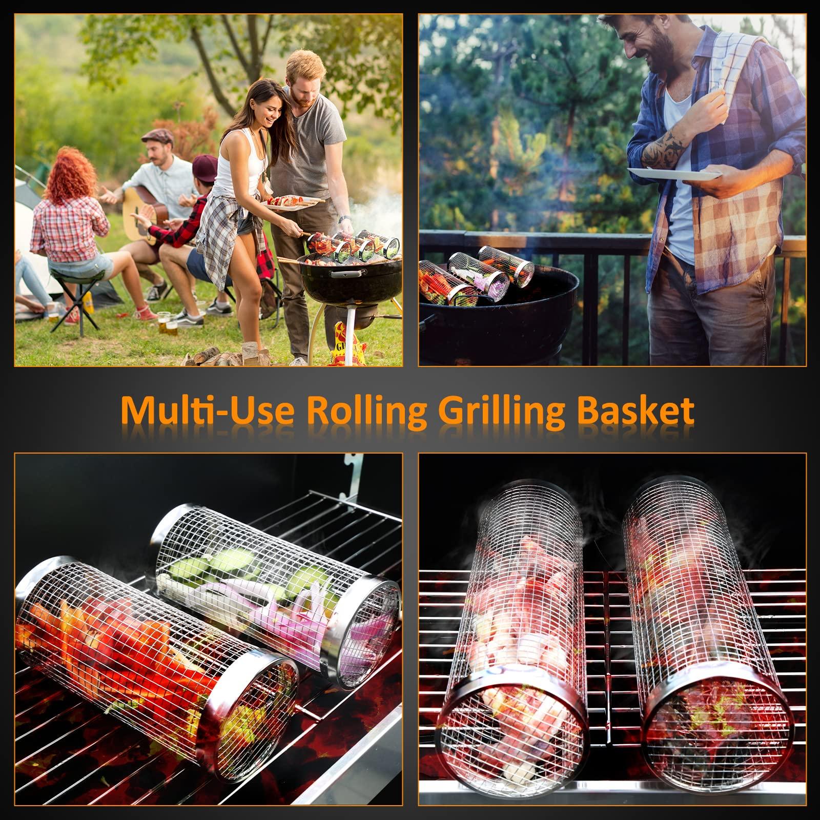 Rolling Grill Basket Set — Stainless Steel BBQ Cylinder (2 Pack)