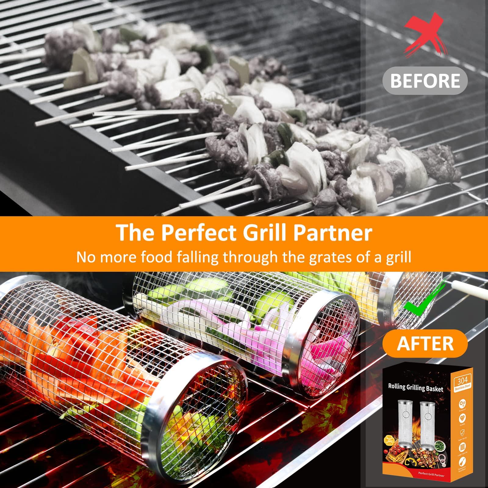 Rolling Grill Basket Set — Stainless Steel BBQ Cylinder (2 Pack)